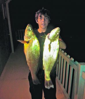 Nathan with two fine examples of the plentiful school mulloway around local beaches and estuary mouths.